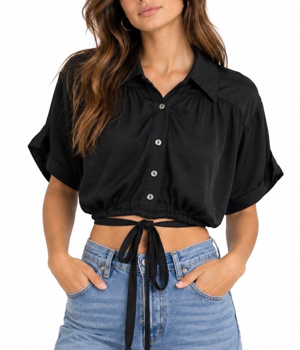 Free People Black Satin Cropped Button Front Wrap Tie Blouse Top Small